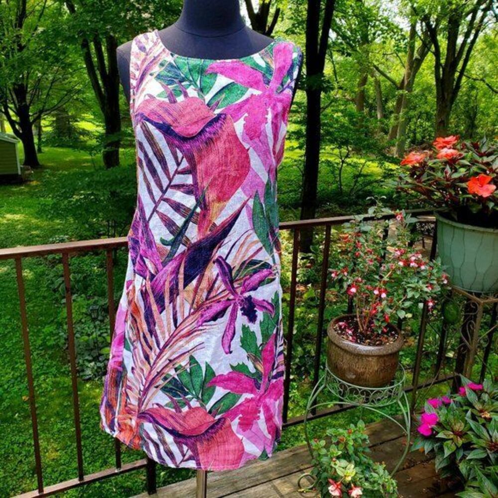 NWT Lungo L'Arno Italy Linen Hawaiian Floral Dress Medium Stretch Sides Colorful